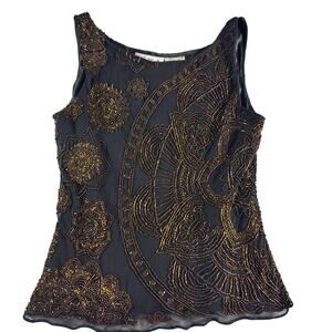 Scala Silk Beaded Top Womens Small Black Bronze Sequin Evening Party Blouse Tank